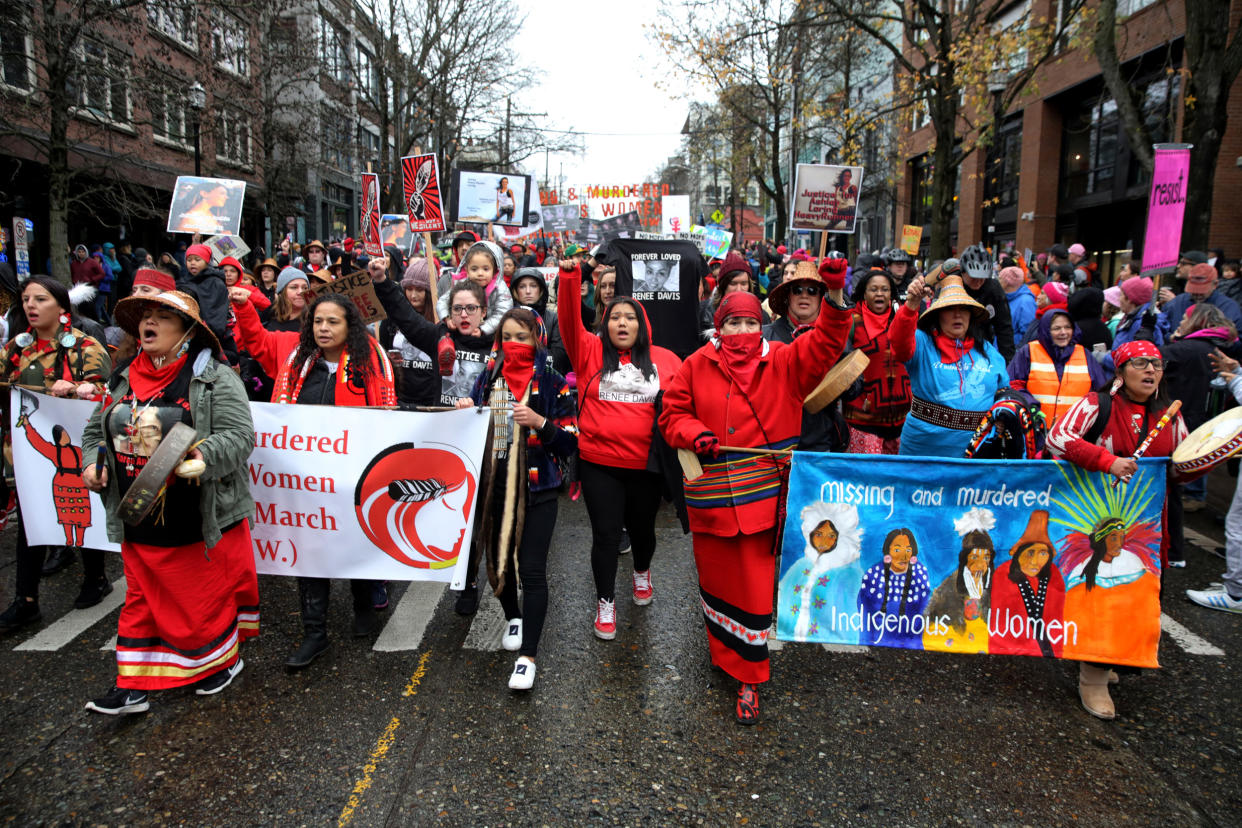 IMage: The families and friends of missing or murdered indigenous women march through the streets of Seattle on Jan. 20, 2018. (Genna Martin / via Getty Images, file)