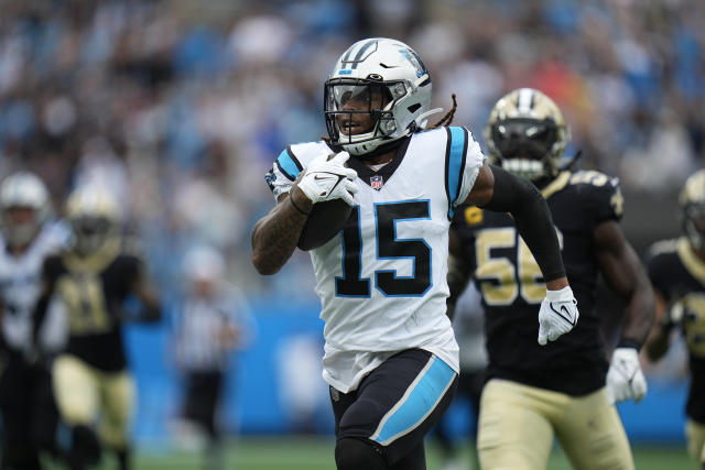 CHARLOTTE, NC - NOVEMBER 10: Carolina Panthers wide receiver Laviska  Shenault Jr. (15) during an NFL football game between the Atlanta Falcons  and the Carolina Panthers on November 10, 2022, at Bank