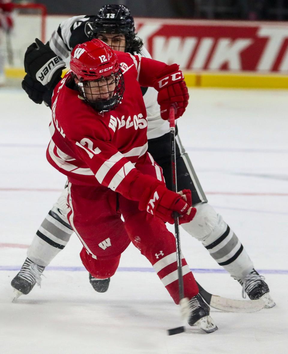 Wisconsin forward Mathieu De. St. Phalle, shown in a file photo, finished with two goals and one assist in a 5-2 victory over No. 1 Minnesota on Thursday in Minneapolis.