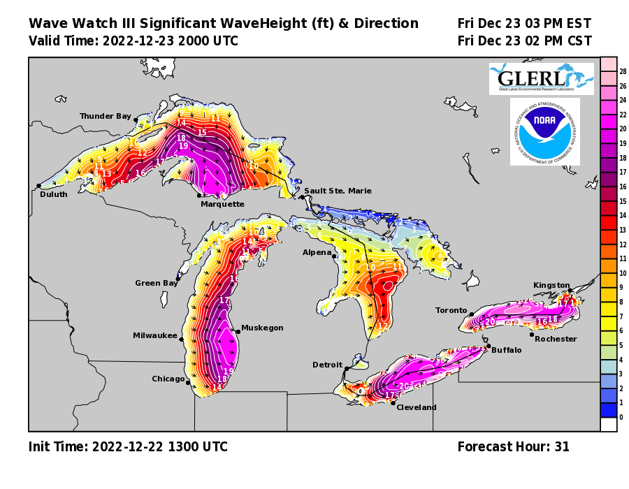 Waves exceeding 20 feet in height are forecasted Friday on four of the five Great Lakes, with waves nearing 20 feet forecast on Lake Huron.