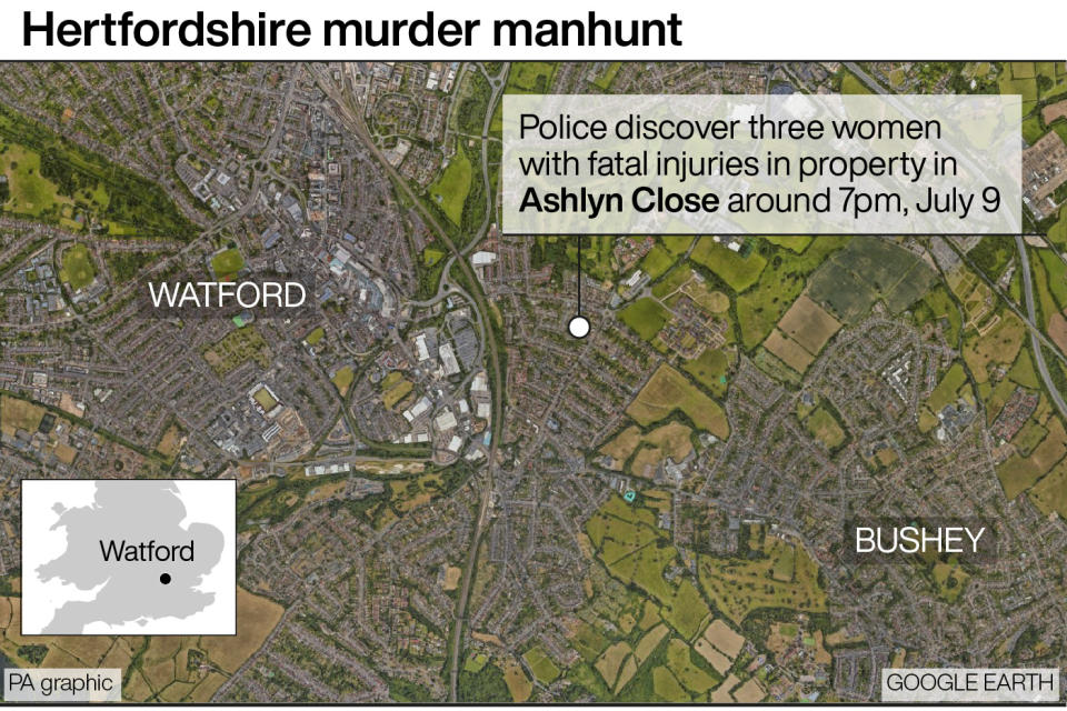 Hertfordshire manhunt map showing where the incident took place. (PA)