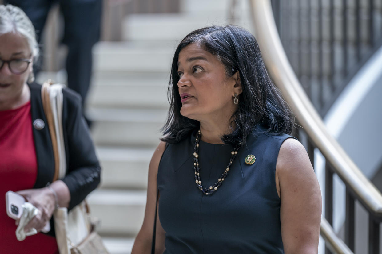 Rep. Pramila Jayapal, D-Wash., chair of the Progressive Caucus, arrives as the House Democratic Caucus meets before a vote on the debt limit deal negotiated by Speaker of the House Kevin McCarthy, R-Calif., and President Joe Biden, at the Capitol in Washington, Wednesday, May 31, 2023. (AP Photo/J. Scott Applewhite)