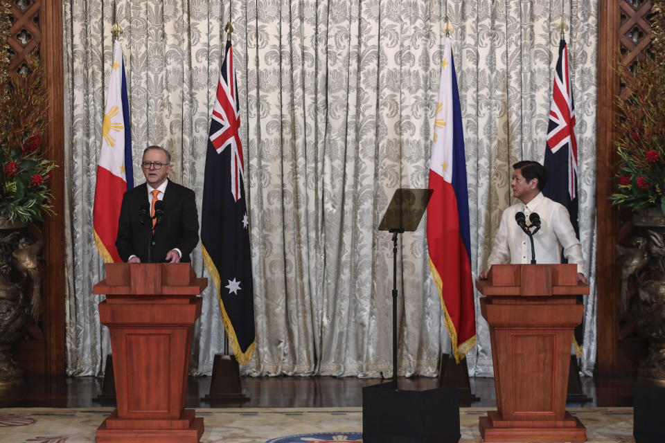 Australia's Prime Minister Anthony Albanese, left, speaks during a joint press statement with Philippine President Ferdinand Marcos Jr. at the Malacanang palace in Manila Friday, Sept. 8, 2023. (Earvin Perias/Pool Photo via AP)