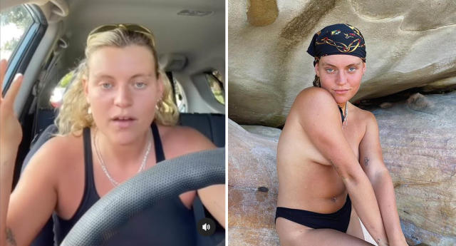 A photo of Kath Ebbs sitting in the car and another photo of them topless at the beach.