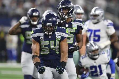 FILE PHOTO: Jan 5, 2019; Arlington, TX, USA; Seattle Seahawks middle linebacker Bobby Wagner (54) reacts after stopping Dallas Cowboys running back Ezekiel Elliott (21) short of a first down in the second half in a NFC Wild Card playoff football game at AT&T Stadium. Mandatory Credit: Shane Roper-USA TODAY Sports