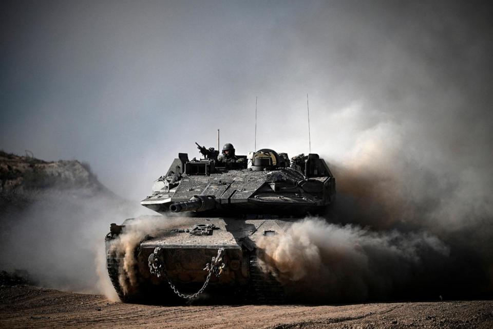 PHOTO: An Israeli army battle tank moves in an area along the border with the Gaza Strip and southern Israel on April 2, 2024. (Ronaldo Schemidt/AFP via Getty Images, FILE)