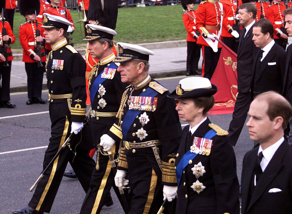 403595 01: (L to R) Britain&#39;s Prince Andrew, Prince Charles, The Duke of Edinburgh, Princess Anne and Prince Edward follow the body of the Queen Mother to Westminster Abbey during her funeral April 9, 2002 in London. The coffin will be taken from Westminster Abbey in a hearse to Windsor where she will be interred with her husband King George VI. (Photo by Hugo Philpott/Getty Images)