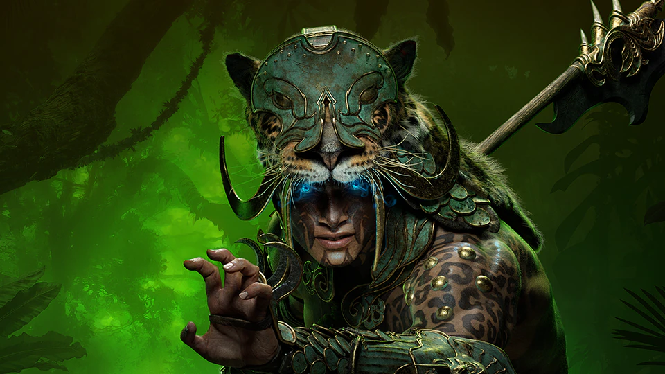  A jaguar-headdress wearing warrior with face paint, the spiritborn class from Diablo 4. 