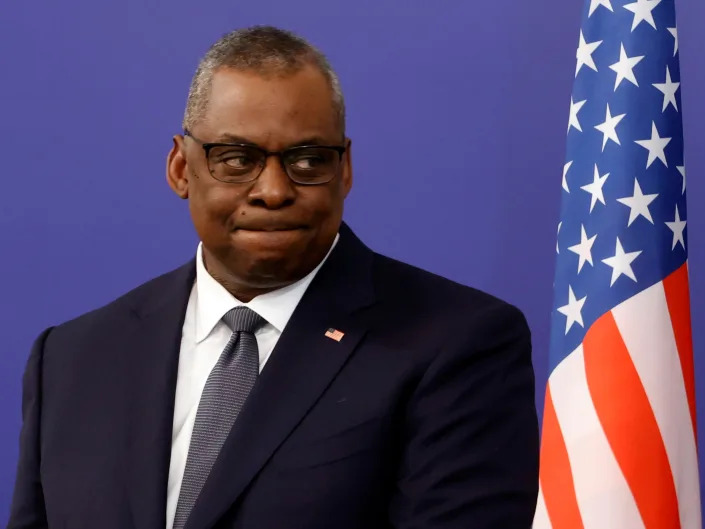 U.S. Secretary of Defense Lloyd Austin reacts during joint news conference with Bulgarian Prime Minister in the Council of Ministers, Sofia, Saturday, March 19, 2022.