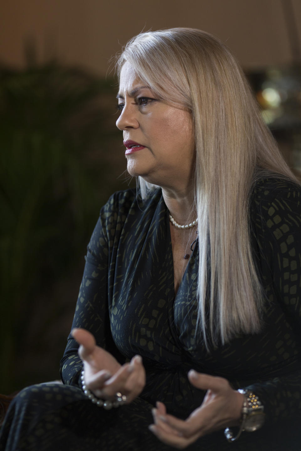 Puerto Rico Governor Wanda Vazquez speaks during an interview with the Associated Press at La Fortaleza, official residence of the Governor of Puerto Rico, in San Juan, Puerto Rico, Friday, Aug. 16, 2019. Governor Vazquez says she plans to remain in the position to help ease the U.S. territory's political turmoil and will have the flexibility to truly work for the people because she is free of all political ties or obligations. (AP Photo/Dennis M. Rivera Pichardo)