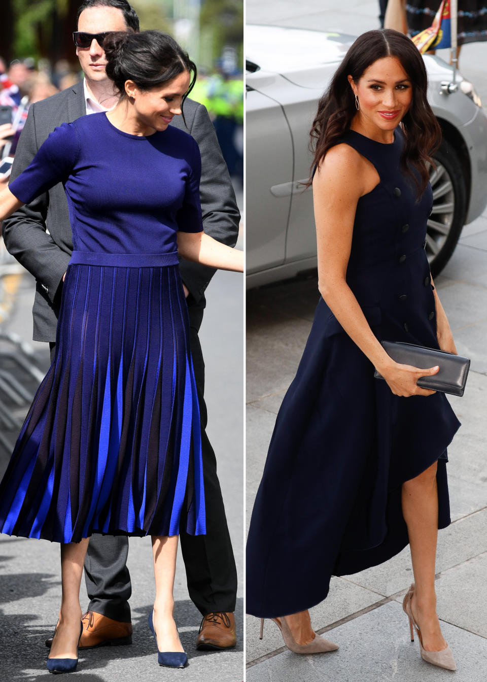 A couple of Meghan’s outfits during her recent royal tour, the one on the left was criticised for having a semi-transparent skirt. Photo: Getty