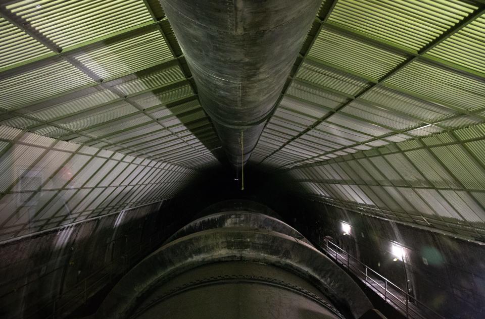 A view of the 30-foot diameter penstock (bottom) from the penstock access room on the Arizona side, May 11, 2021, at Hoover Dam, on the Arizona/Nevada border.