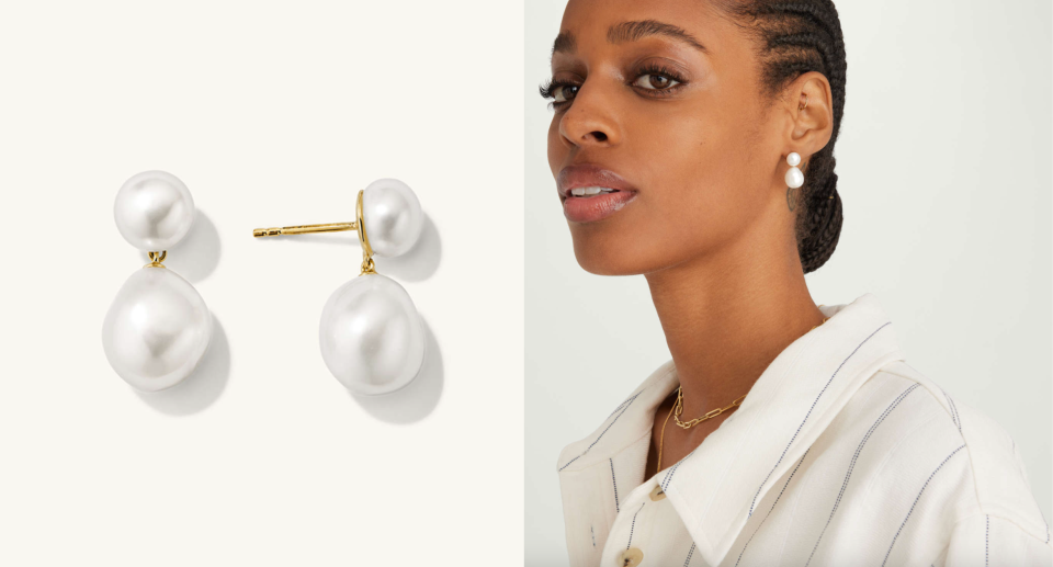 split screen of mejuri Bold Pearl Drop Earrings and woman wearing white shirt and pearl earrings (Photos via Mejuri)