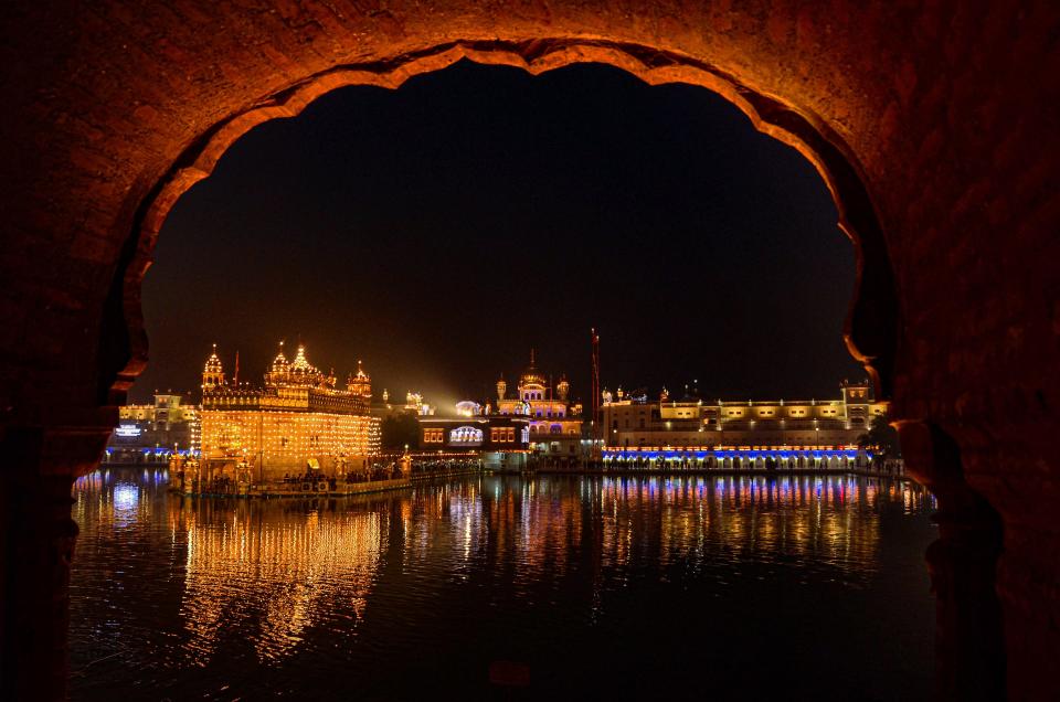 An illuminated Harmandir Sahib (Golden temple) on the eve of the 355th birth anniversary of the 10th Sikh Guru Gobind Singh Ji, in Amritsar, on Tuesday, 19 January 2021.