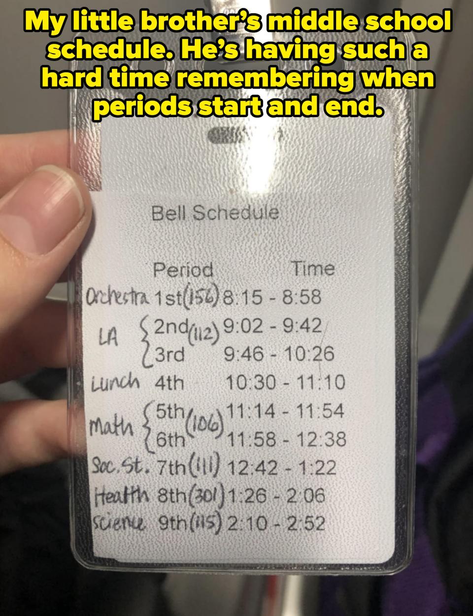 A hand holds a school ID card displaying a bell schedule. Periods include Orchestra, Language Arts, Lunch, Math, Social Studies, Health, and Science, with respective times