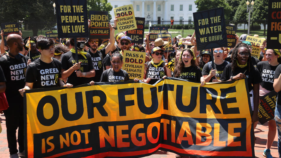 Hundreds of young climate activists  rally in Lafayette Square on the north side of the White House to demand that U.S. President Joe Biden work to make the Green New Deal into law on June 28, 2021 in Washington, DC. (Chip Somodevilla/Getty Images)