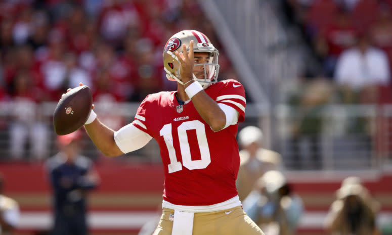 San Francisco 49ers QB Jimmy Garoppolo dropping back for a pass.