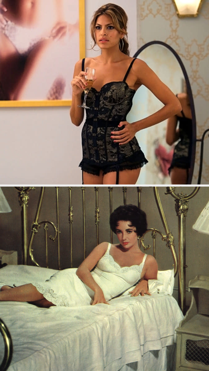 Eva Mendes wearing lingerie in "The Women" (2008); Elizabeth Taylor wearing lingerie in "Cat on a Hot Tin Roof"