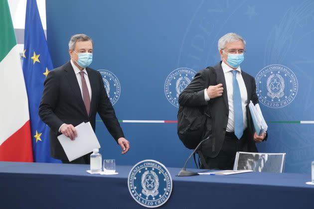 29/09/2021 Roma, conferenza stampa del Presidente del Consiglio Mario Draghi e del Ministro dell'Economia Daniele Franco su i dettagli della Nadef e alcune misure che potrebbero rientrare nella prossima Legge di Bilancio (Photo: Livio AnticoliAnticoli Pool / AGF)