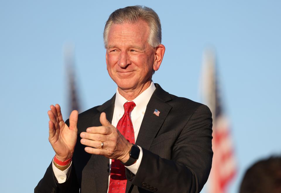 Sen. Tommy Tuberville, R-Ala., looks on during a campaign rally at Minden-Tahoe Airport on October 08, 2022 in Minden, Nevada.