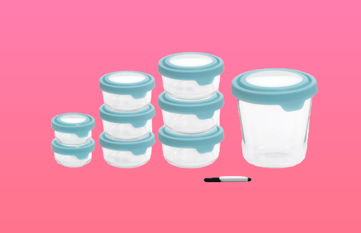 9 round containers with lids and an erasable pen included. 