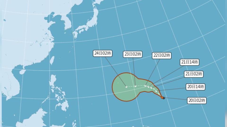 目前關島東南東方海面有個熱帶性低氣壓正發展中。（圖／中央氣象局）