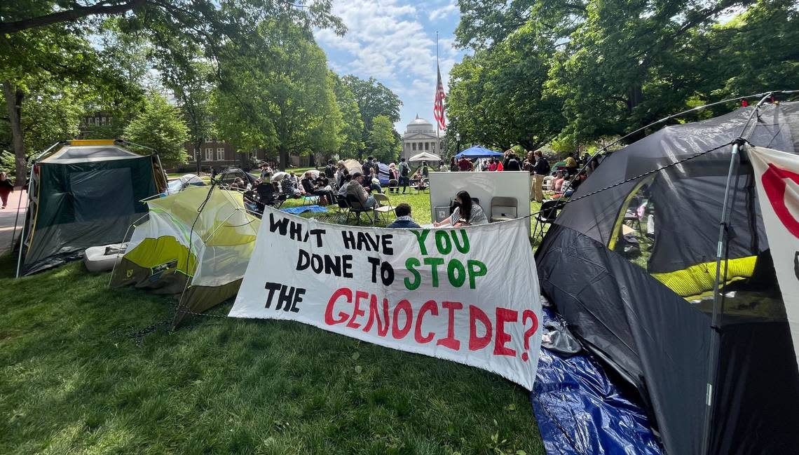 Students and others pitched tents on the campus of UNC-Chapel Hill Friday, protesting Israel’s actions in the Gaza Strip and forming an encampment similar to others formed on college campuses nationwide. Korie Dean/kdean@newsobserver.com