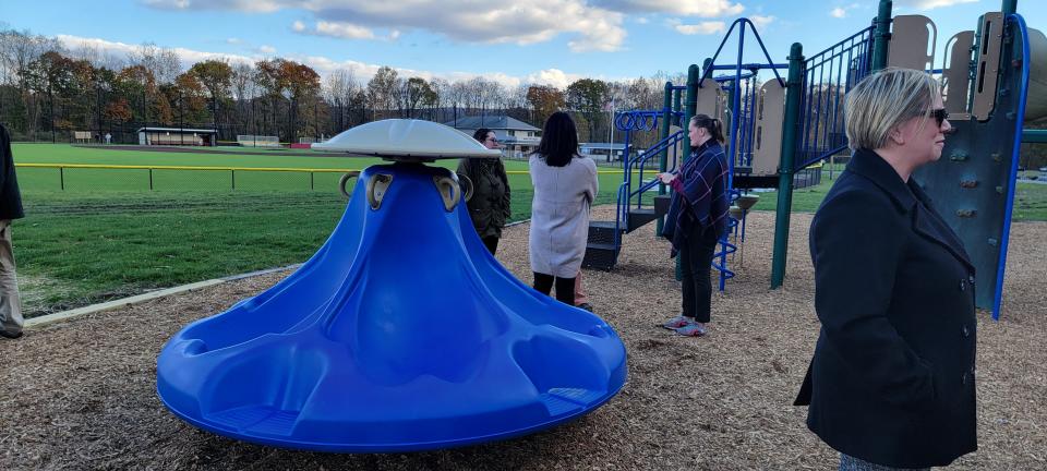 An accessible merry-go-round has been installed at Creekview Park in Stroudsburg as part of a 100th anniversary project by the Kiwanis Club of the Stroudsburgs to bring playground equipment accessible to children with disabilities to parks throughout East Stroudsburg and Stroudsburg. A ribbon cutting was held Wednesday, Nov. 1, 2023.