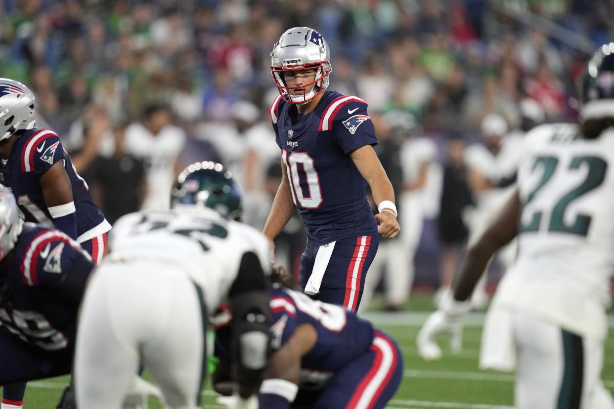 New England Patriots quarterback Drake Maye scored a rushing touchdown in the team's second preseason game. (AP Photo/Charles Krupa)