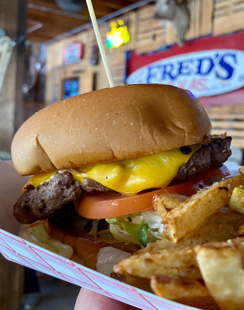 The current rendition of the Fred Burger with cheese at Fred’s Texas Cafe.
