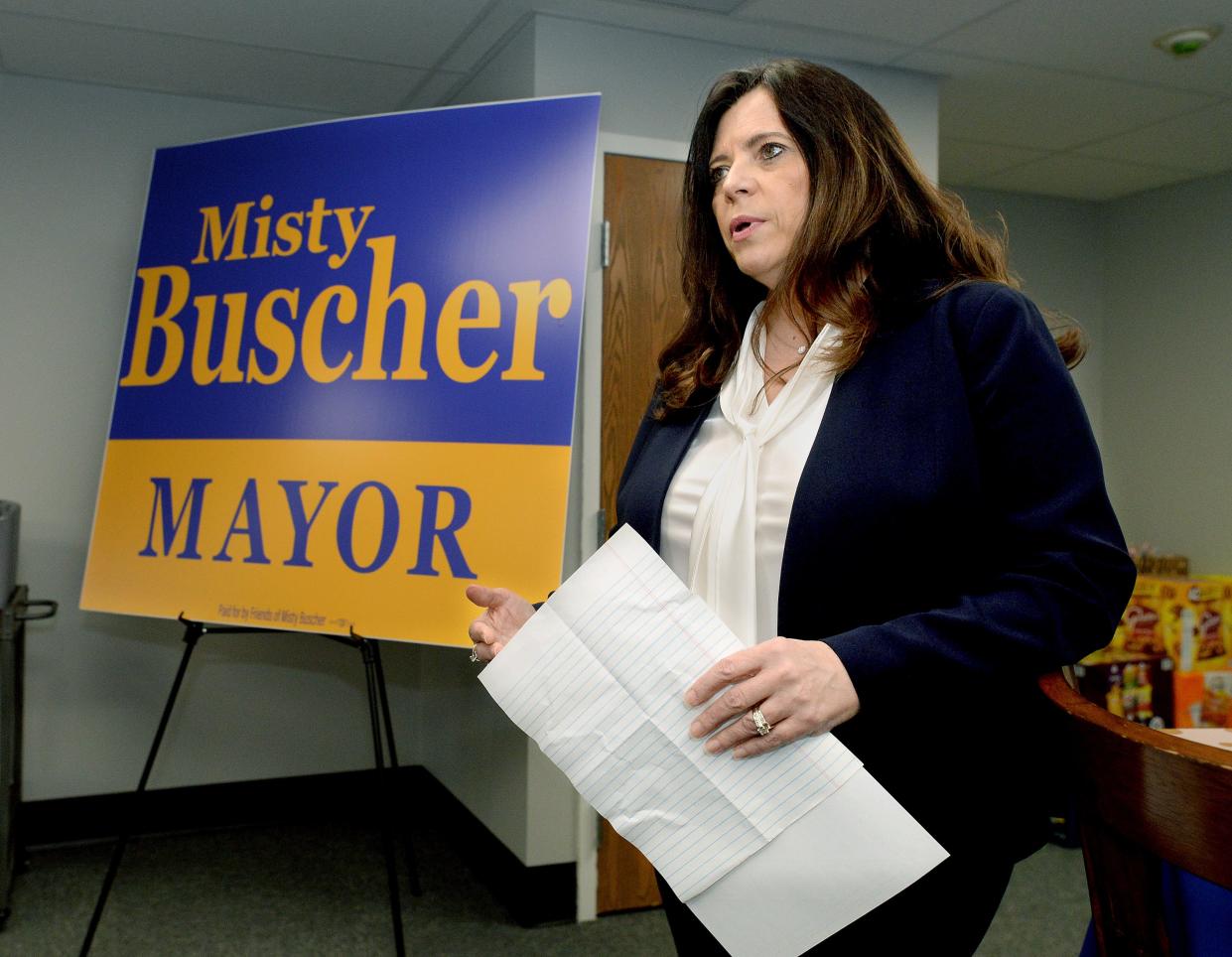 Mayoral candidate Misty Buscher holds a press conference at her campaign headquarters Thursday Jan. 12, 2023.