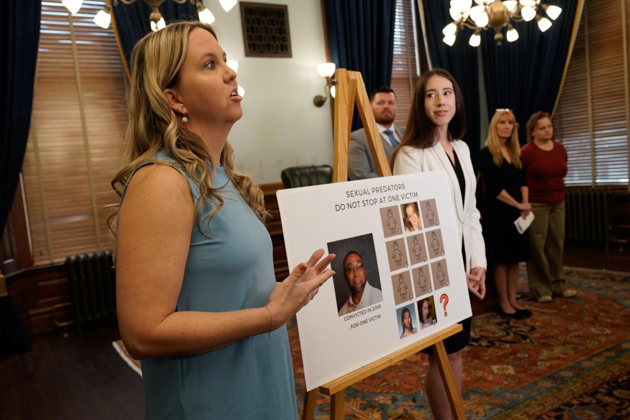 Kim Bergman, from left, speaks alongside Tess Ramirez and other child sex survivors and legislative members during a news conference at the Statehouse advocating for abolishing statutes of limitations for sex crimes against children.