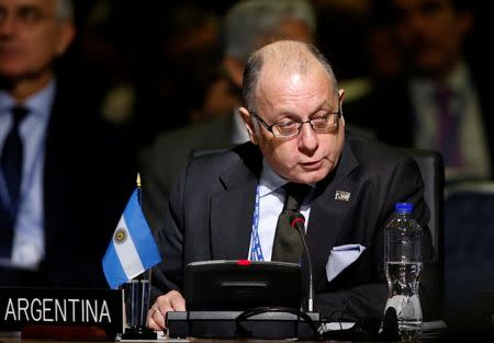 Argentine Foreign Minister Jorge Faurie speaks during the Organization of American States (OAS) 47th General Assembly in Cancun, Mexico June 21, 2017. REUTERS/Carlos Jasso