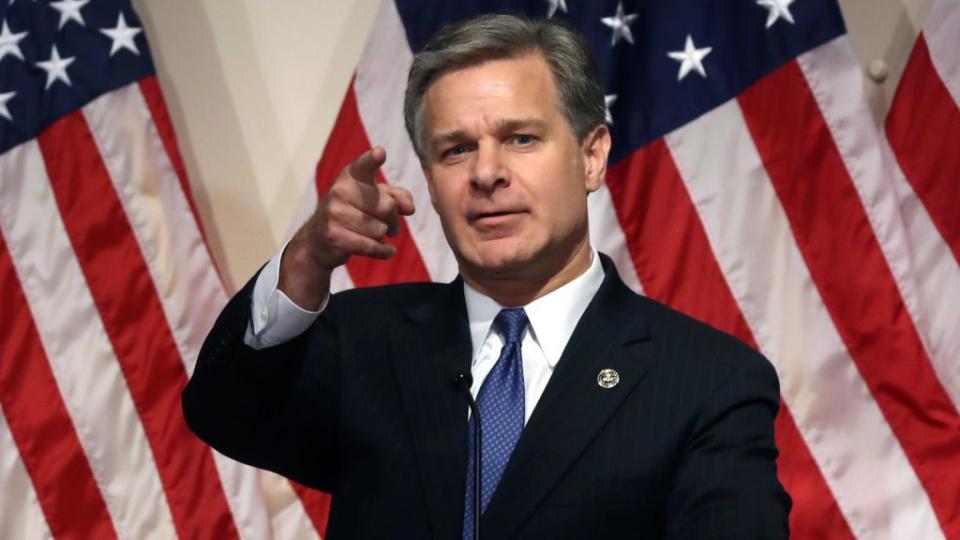 FBI Director Christopher A. Wray, shown at a pre-pandemic news conference, told legislators recently the concern about rising white supremacist terror in this nation is rising. (Photo by Mark Wilson/Getty Images)