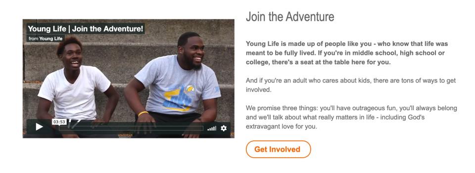 Young Life's website (pictured in a screenshot) states that "if you're in middle school, high school or college, there's a seat at the table here for you." (Photo: www.younglife.org / Screenshot)