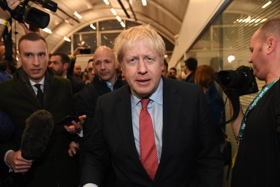 Prime Minister Boris Johnson arriving for the count for the Uxbridge & Ruislip South constituency in the 2019 General Election. (Photo by Stefan Rousseau/PA Images via Getty Images)