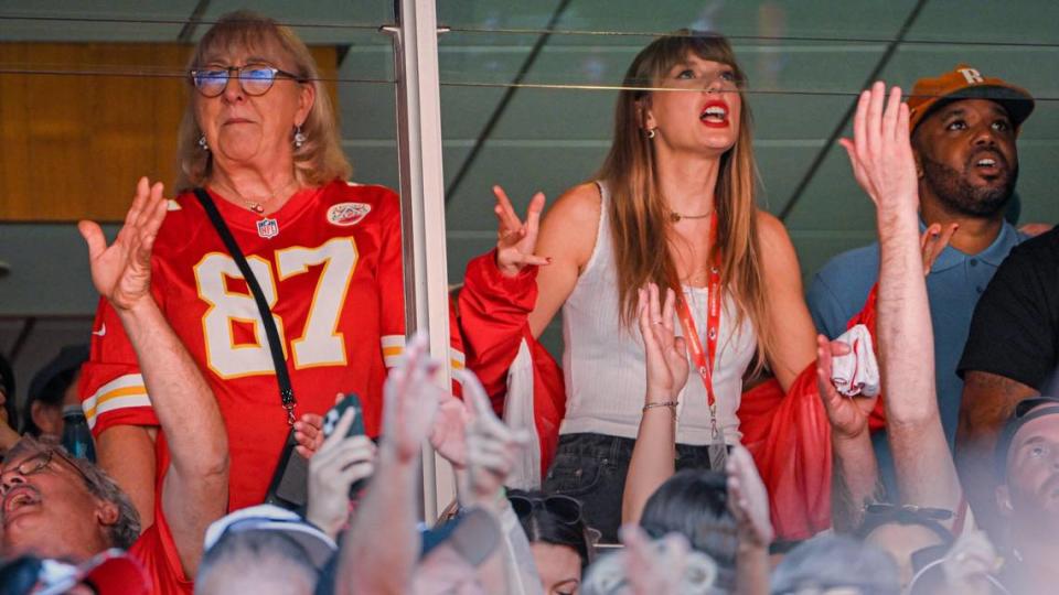 Singer Taylor Swift, right, watches the Kansas City Chiefs take on the Chicago Bears with Donna Kelce, the mother of Chiefs tight end Travis Kelce, Sunday at GEHA Field at Arrowhead Stadium.