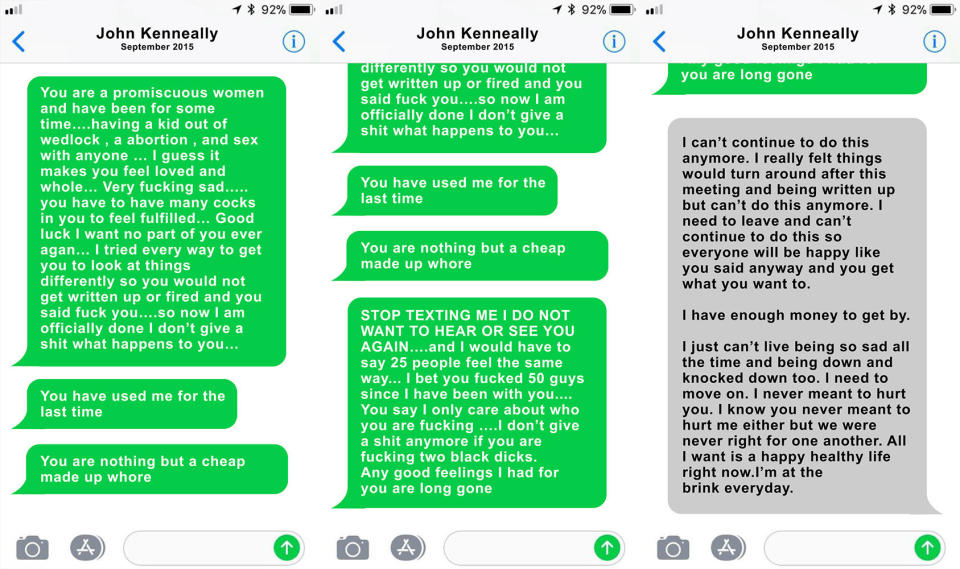 These texts from John Kenneally to Page Zeringue came&nbsp;shortly before she was fired for so-called performance issues. (Photo: HuffPost Illustration)