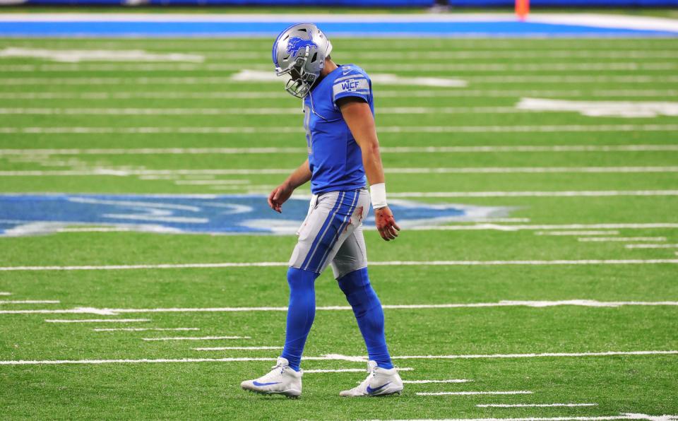 Detroit Lions quarterback Matthew Stafford leaves the field after taking a hard hit vs. the Indianapolis Colts during the second half at Ford Field, Sunday, Nov. 1, 2020.