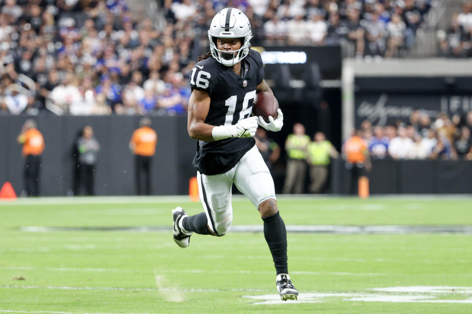 LAS VEGAS, NEVADA - NOVEMBER 05: Jakobi Meyers #16 of the Las Vegas Raiders runs after a catch during the first quarter against the New York Giants at Allegiant Stadium on November 05, 2023 in Las Vegas, Nevada. Las Vegas won 30-6.  (Photo by Ian Maule/Getty Images)