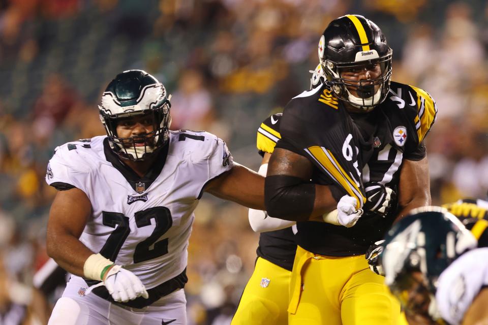 Philadelphia Eagles' Marlon Tuipulotu (72) in action against Pittsburgh Steelers' Brandon Walton (62) during a pre-season NFL football game against the Philadelphia Eagles, Thursday, Aug. 12, 2021, in Philadelphia. (AP Photo/Rich Schultz)