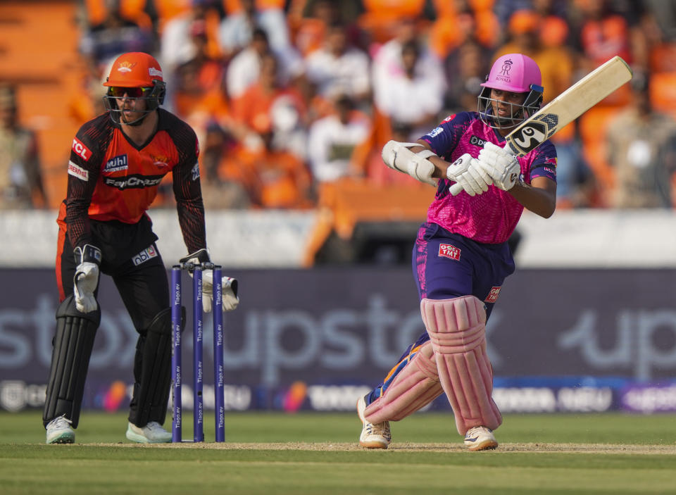 Rajasthan Royals'Jos Yashasvi Jaiswal bats during the Indian Premier League cricket match between Sunrisers Hyderabad and Rajasthan Royals in Hyderabad, India, Sunday, April 2, 2023.(AP Photo/Mahesh Kumar A)