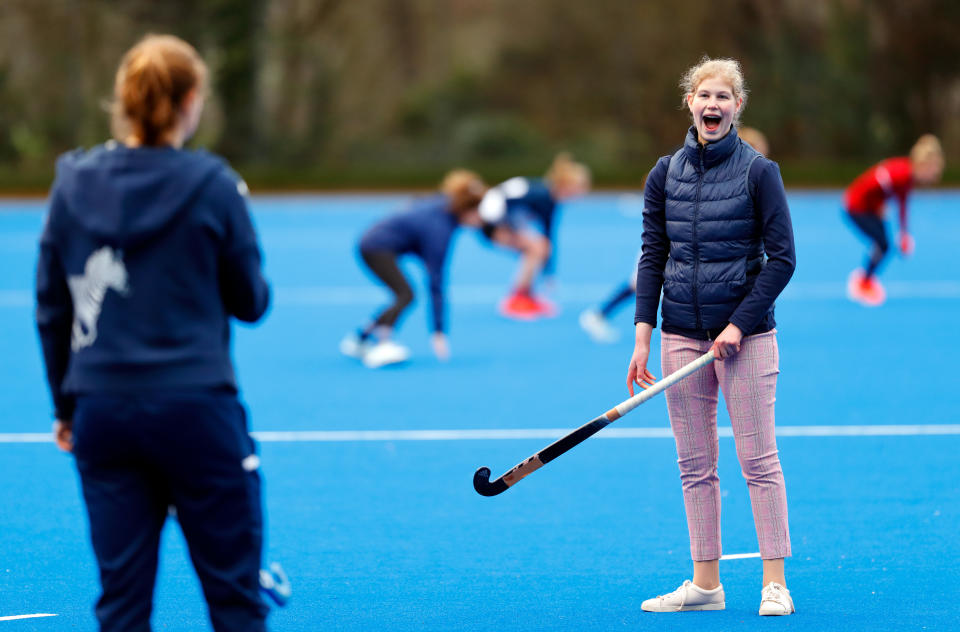 MARLOW, UNITED KINGDOM - JANUARY 07: (EMBARGOED FOR PUBLICATION IN UK NEWSPAPERS UNTIL 24 HOURS AFTER CREATE DATE AND TIME) Lady Louise Windsor plays hockey as she attends an England Hockey team training session at Bisham Abbey National Sports Centre on January 7, 2020 in Marlow, England. (Photo by Max Mumby/Indigo/Getty Images)