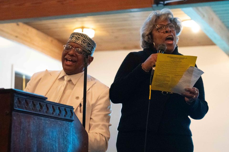 Juanita Henderson sings Lift every Voice and Sing as Bishop Lyons plays the piano during Martin Luther King Jr. Celebration at the King Solomon Baptist Church on Monday, Jan. 15, 2024, in Louisville.