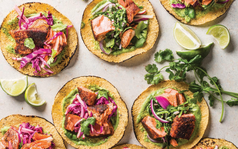 <p>This taco recipe swaps fried fish for sauteed salmon, which is rich in omega-3 fatty acids known for reducing blood pressure and triglycerides, and the slaw adds extra crunch and nutrients.</p><p><strong>Get the recipe: <a href="/639439/parade/turned-up-tacos/" data-ylk="slk:Heart-Healthy Salmon Tacos;elm:context_link;itc:0;sec:content-canvas" class="link ">Heart-Healthy Salmon Tacos</a></strong></p><p>Joe Keller</p>