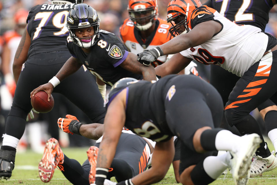 The Ravens’ Lamar Jackson got his first victory as an NFL starting quarterback on Sunday against the Bengals. (Getty Images)