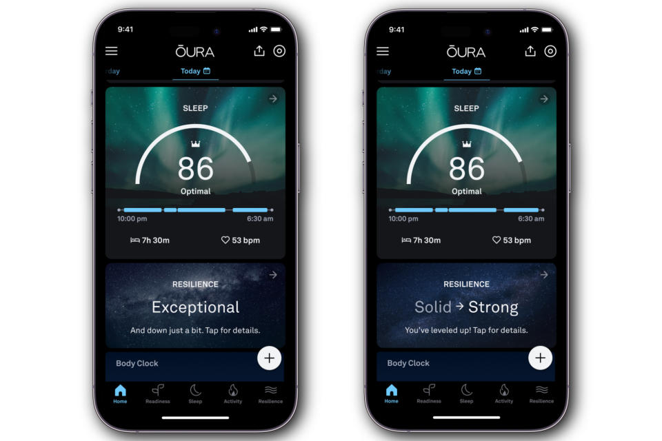 Screenshots of the Oura Ring's new Resilience feature.