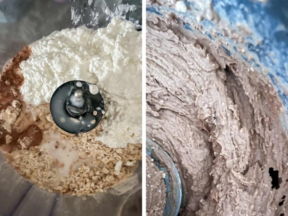 On left: cottage cheese, oats, tahini, cocoa powder, milk, and protein powder in a blender. On right: a chocolate-y mousse in the blender.