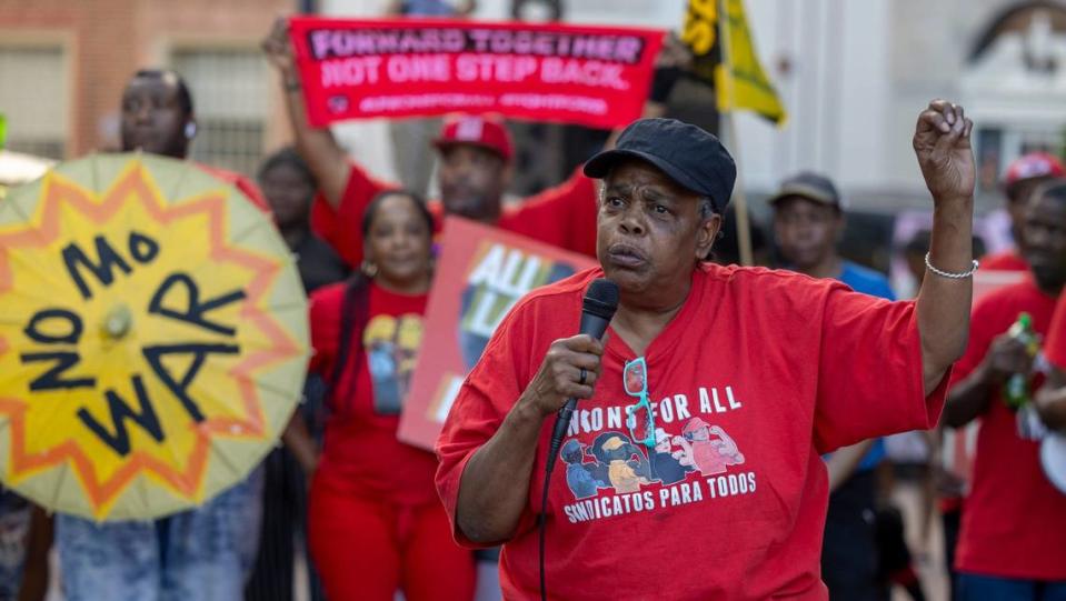‘Mama Cookie’ of Durham, who worked in fast food for more than 20 years addresses the May Day Rally on the CCB Plaza, calling for a calling for a $25 an hour wage for all, on Wednesday, May 1, 20214 in Durham, N.C. Robert Willett/rwillett@newsobserver.com