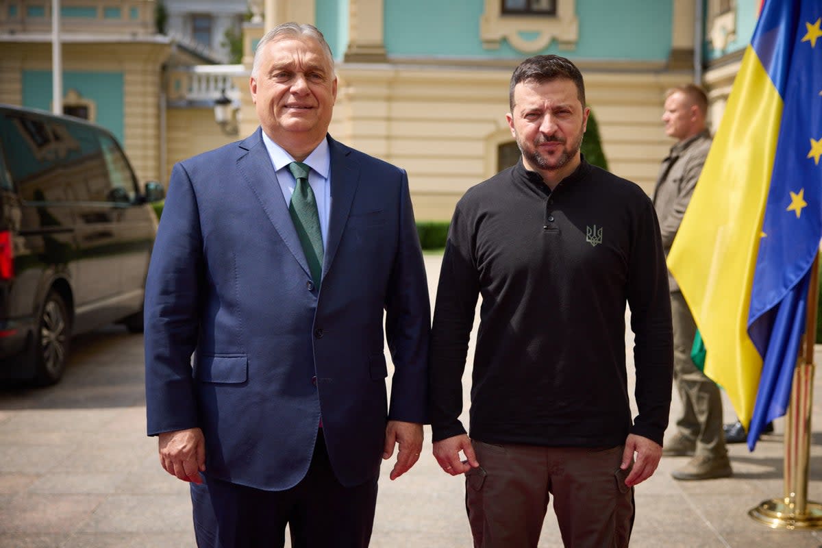 Hungary’s prime minister Viktor Orban and Ukrainian president Volodymyr Zelensky in Kyiv  (Ukrainian Presidential Press Service)